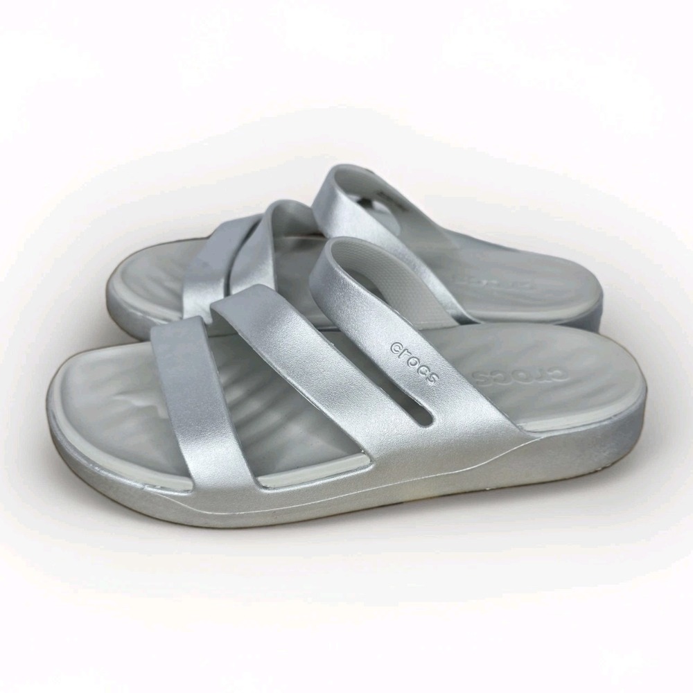 Crocs Getaway Silver Metalic Strappy Womens Size 9 Platform Wedge Sandal Slide